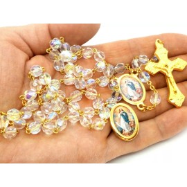 Clear Italian AB Crystal Rosary Beads - FREE Pin - Stamped Made in Italy