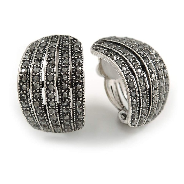 Marcasite Style Crystal C-Shape Clip-On Earrings/Aged Silver Tone - 23mm