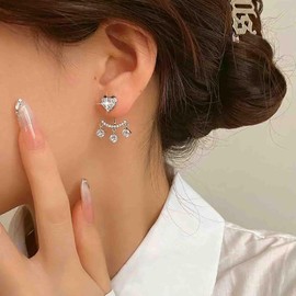 Iaceble Vintage Crystal Heart Ear Jacket Earrings Silver Cz Heart Stud Earrings Crystal Dangle Earrings Tassel Rhinestone Drop Earrings Jewelry for Women