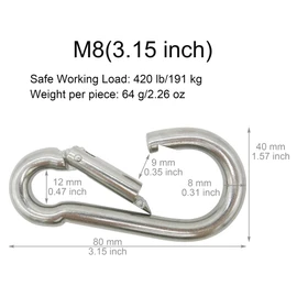 Outmate Premium 316 Stainless Steel Carabiner Set of Various Size 2"-3" Marine Grade Heavy Duty Rust Free in Seawater for Gym Garage Keychain Etc(316,M8,Pack of 4)