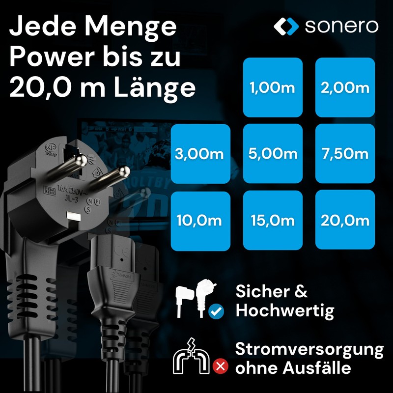 sonero Stromkabel Kaltgerätekabel 3 Polig, 3,0m, 90° Winkel Schutzkontakt Schuko
