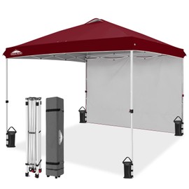 EAGLE PEAK Pop Up Canopy Tent with 1 Sidewall, Easy Setup Event Tent, Outdoor Sun Shade, Wheeled Carry Bag, Stakes and Guy Ropes, Instant Canopy 10x10, Burgundy