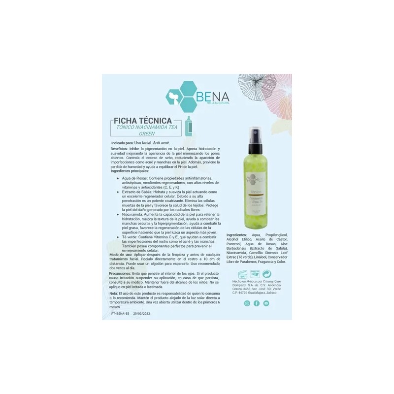 Tonico Facial Niacinamida Te Verde Vitamina C Antiacne Bena