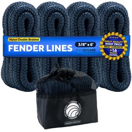 Five Oceans 3/8" x 6' Boat Fender Lines with 5" Eyelet, Boat Ropes for Docking with Loop, Marine-Grade Navy Blue Premium Nylon Double Braided Boat Rope, (Pack of 4) - FO4699