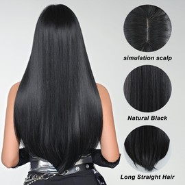 TRUMOST Black Wig with Bangs for Women 28 Inch Long Straight Natural Black Synthetic Wig Heat Resistant Fiber Hair Wig for Daily Party Cosplay Use