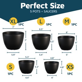 Lifemaster Plant Pots with Multi Drainage Holes - 5 Pieces Versatile, Sturdy Plastic, Stackable Design Home Decor Flower Pots for Indoor and Outdoor Gardening - Black