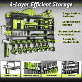 TUSPEU Power Tool Organizer Wall Mount,Heavy Duty Metal 4 Layer 8 Slots Drill Holder,Garage Cordless Storage Rack with Screwdriver Plier Hammer Holder for Workshop Carport Basement