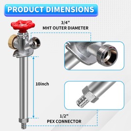 Boltigen 10inch Freeze Proof Outdoor Water Faucet, No Lead Brass Anti-Siphon Frost Free Sillcock, 1/2'' Pex Connector X 3/4'' GHT Hose Bib Frost Free Outdoor Spigot