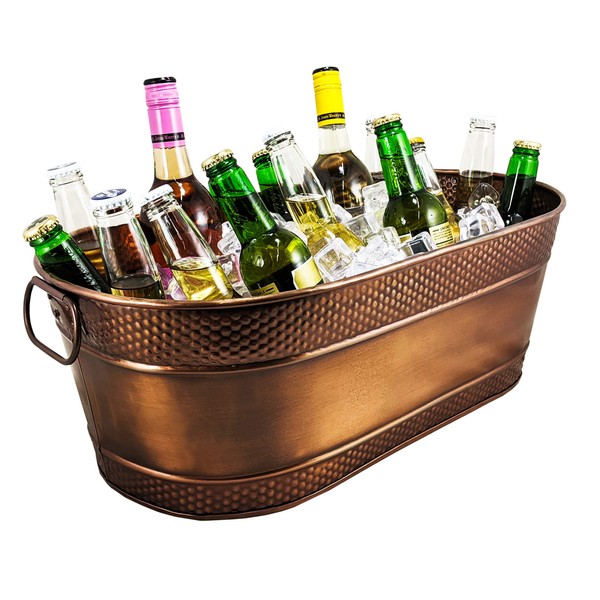 BREKX Colt Copper Finish Galvanized Bucket for Parties, Oval 16-Bottle Hammered Beverage Chiller with Handles, Farmhouse Bucket for Galvanized Decor or Storage, 15QT (4 Gallon)