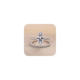 Solitaire Elongated Marquise Cut Engagement Ring for Women, Simulated Diamond Promise Ring 925 Plated Silver CZ Pointed Thumb Ring Statement Wedding Eternity Ring Stackbale Set 8#