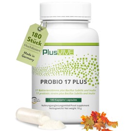PlusVive Probio 17 Plus Capsules High Dose I 1 x 180 Capsules with Inulin & Bacillus Subtilis I 20 Billion CFU per Daily Dose I Culture Complex 18 Bacterial Strains I Gastric Juice Resistant & Vegan