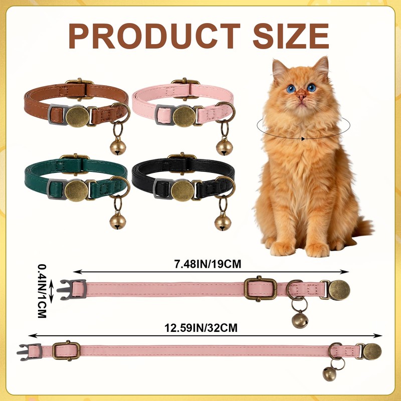 4 Pcs Leather Cat Collar Breakaway with Bell Adjustable Safety