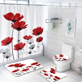 Coxila Red Floral Shower Curtain Sets Poppy Grey White Rose Abstract Flower Elegance Art Toilet Lid Cover U Shaped Bath Mat 4 Pcs Decor Bathroom Non-Slip Rug Fabric Polyester 60x72 Inch