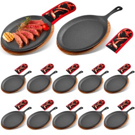 Lallisa 12 Sets Cast Iron Fajita Plate Set Fajita Plate Sizzler Pan with Wooden Tray Anti Scald Protection Hot Mitt Cast Iron Skillet Set for Home Barbeque Kitchen Party Restaurant Catering Service