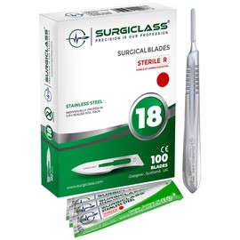 Scalpel Blades # 18 Stainless Steel Sterile Scalpel Surgical Blades Box of 100 and Steel Handle for Wood Art, Surgical, Sculpting, Repairs, Lab Anatomy, Sign, Card Making Lab Training SURGIGR18-100