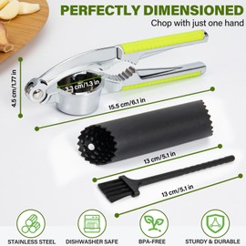 HUDDU Knoblauchpresse, 2 In 1 Knoblauchpresse Edelstahl und Nussknacker, Garlic Press Mit Silikon Knoblauchschäler & Reinigungsbürste, Zerkleinert Knoblauch Mühelos, Ingwerpresse-Silber