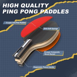 Portable Table Tennis Set, All-in-One Ping Pong Bats Set with 2 Table Tennis Bats,1 Retractable Net, 3-Star Ping Pong Balls, 1 Carrying Bag | Great Gift & Indoor/Outdoor Game