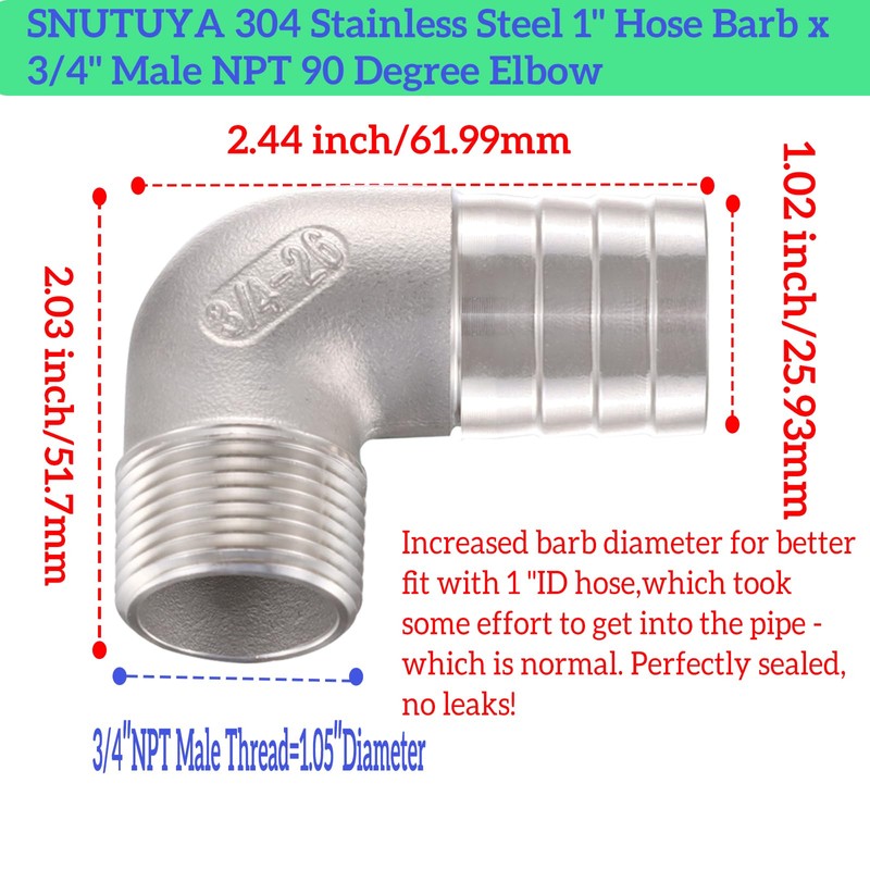 SNUTUYA 304 Stainless Steel 1" Hose Barb x 3/4" Male