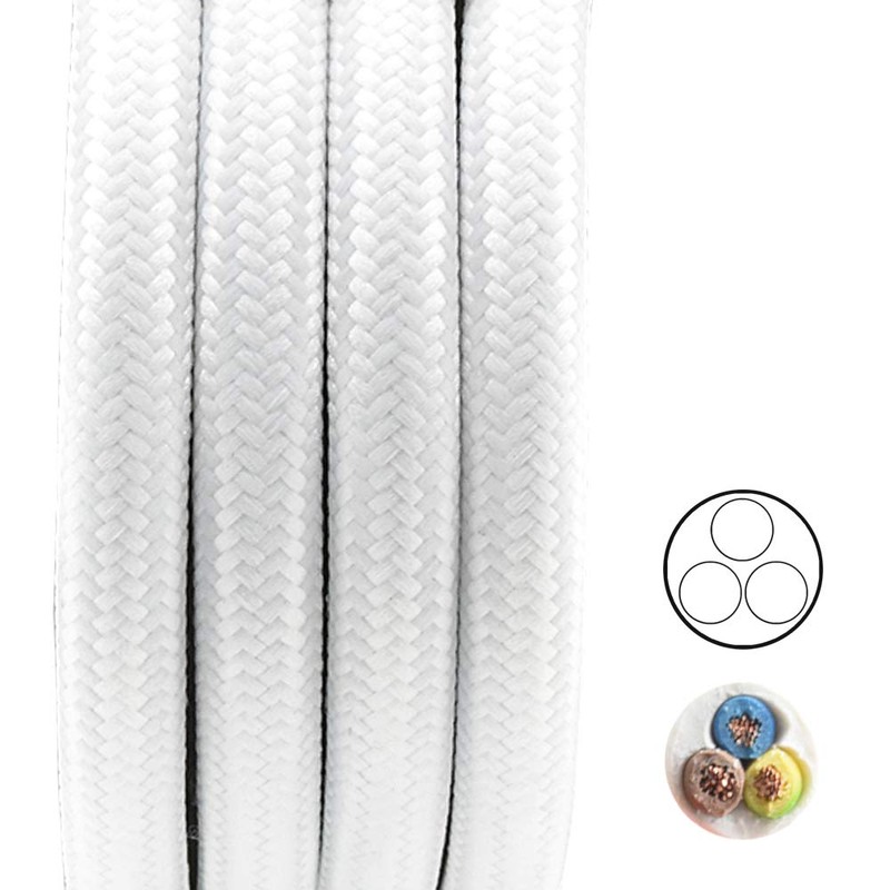 3 m Textile Cable White Plain Colours 3 x 0.75