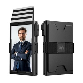 Slim Card Holder Wallet for Men, RFID Blocking Minimalist Wallet with ID Window, Metal Pop Up Wallet with Cash Band (Black)