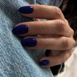 Navy Blue Press on Nails Short Oval Acrylic Nails Press on, Solid Color Medium Short Oval Fake Nails for Women Reusable Thick Round Nails Glue on, Medium Almond Nails Soft Gel False Nails 24Pcs