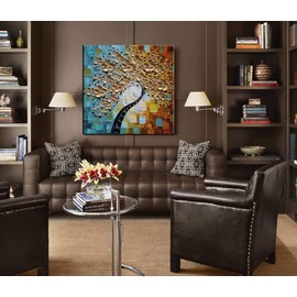 Tyed Art-24x24 Inch Golden Flower Tree Paintings 3D Abstract Paintings Oil Hand Painting On Canvas Wood Inside Framed Ready to Hang Wall Decoration for Living Room Bed Room