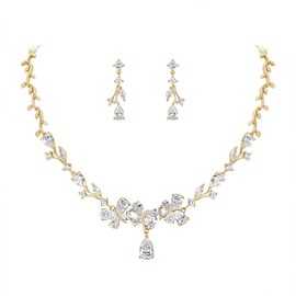 BriLove Wedding Jewelry Set for Bride CZ Teardrop Butterfly Flower Leaf Filigree Necklace Earrings Clear-Gold Toned