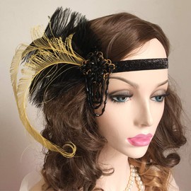 Anglacesmade Bridal 1920s Flapper Feather Headband Beaded Tassel Chain Feather Roaring 20s Headpiece Prom Party Festival Gatsby Hair Jewelry for Women and Girls