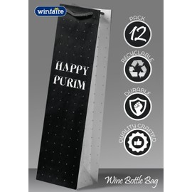 Winfaire Wine Bottle Bag Gifts, Purim Wine Bags, Happy Purim Bags and Boxes, Black & White (Pack of 12), Bulk
