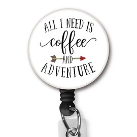 Yzkkbi All I Need is Coffee and Adventure Retractable Badge Reel ID Card Badge Holder with Alligator Clip Name Badge Holder Office Employee Name Badge