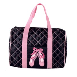 Danshuz Womens Girls Pink Quilted On Pointe Black Satin Duffle Bag
