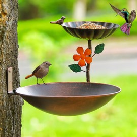 Aifeorzo Tree Mounted Bird Bath, Wall Mount Bird Baths for Outdoors, Metal Birdbath and Feeder Combo, Antique Birdbaths Installed on Wooden Fences Trees Deck Outdoor Walls