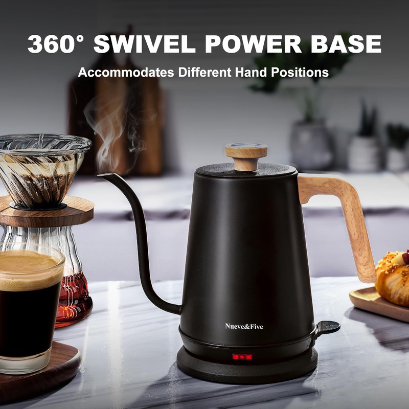 Nueve&Five Gooseneck Electric Kettle with Thermometer， Black Electric Kettle 1L