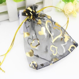 QIANHAILIZZ 100 pcs 3.5 x 4.7 Inch Flower Heart Organza Jewelry Gift Pouch Candy Pouch Drawstring Wedding Favor Bags X92 (black gold heart)