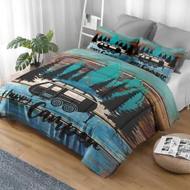 Pamnest Comforter Set Full Size, Camper Rv Car Soft 3 Pcs Bedding for Kids and Adults, Camping Vehicle Camp Comforter Set with Pillowcase, for Bedroom Bed Decor