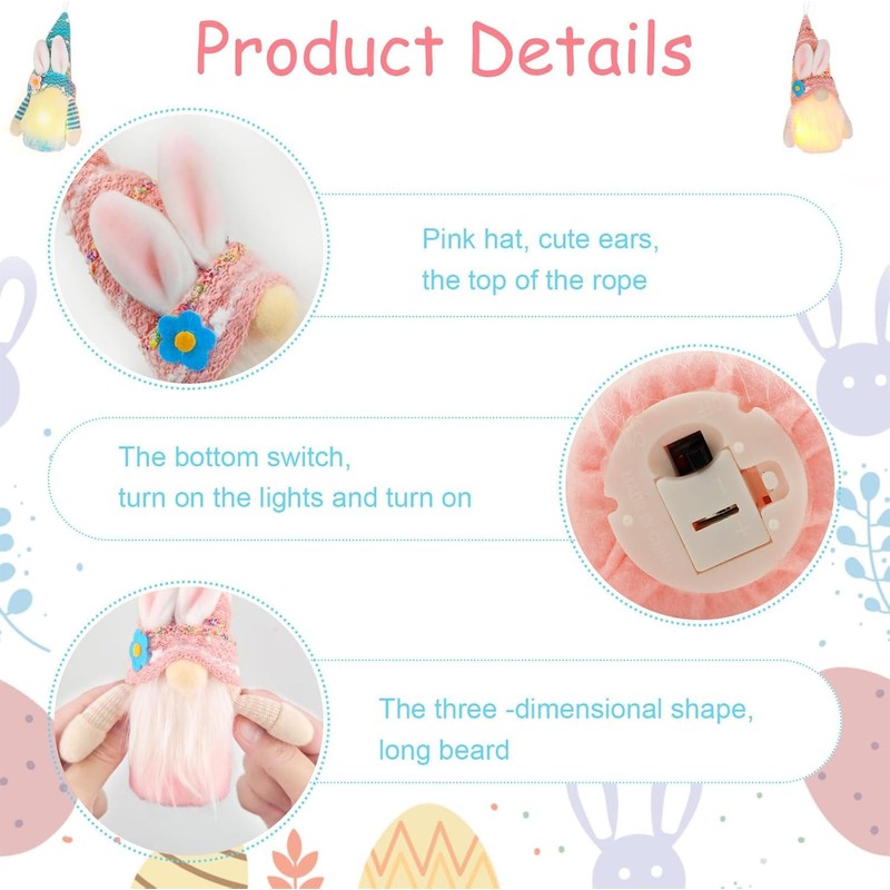 Pack of 2 Easter Gnome Illuminated, Easter Decoration Rabbit Gnome