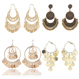 Bohemian Chandelier Earrings for Women Indian Gypsy Coin Hook Dangle Ear Jewelry (E-4pcs)