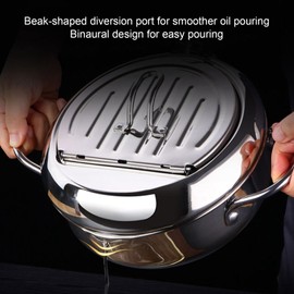 Deep Fryer Pot,4 in 1 Japanese Stainless Steel Tempura Fryer Pan with Lid Oil Draining Rack Thermometer Japanese Tempura Deep Fryer for Tempura Chips, (L Size 24cm / 9.4in)