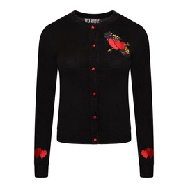 Ro Rox Heart Cardigan Leana Rockabilly Embroidery Knitted Long Sleeve, black