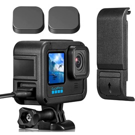 Battery Cover & Lens Caps for Go Pro Hero 13/12/11/10/9 Black, Aluminum Alloy Removable Battery Case Cover, Vlog Accessories Fit for Go Pro - Camera Side Cover+ 2 Lens Caps