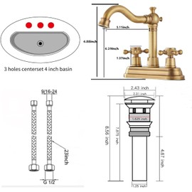 GGStudy Bathroom Faucet Antique Brass 2 Handles 4 Inches Centerset RV Bathroom Vanity Faucet with Drain Assembly and Supply Hose Lavatory Faucet