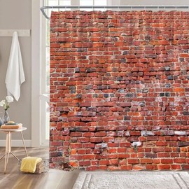 YNFUQANLN Retro Brick Wall Shower Curtain Rustic Red Brown Stone Brick Wall Vintage Western Country Style Modern Geometric Fabric Bathroom Decor Curtain with Hooks