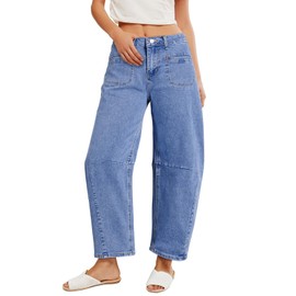 Astylish Women's Wide Leg Jeans High Waisted Barrel Cropped Trendy Stretchy Pants with Fashion Spring Patch Pockets Size 6 Ashleigh Blue