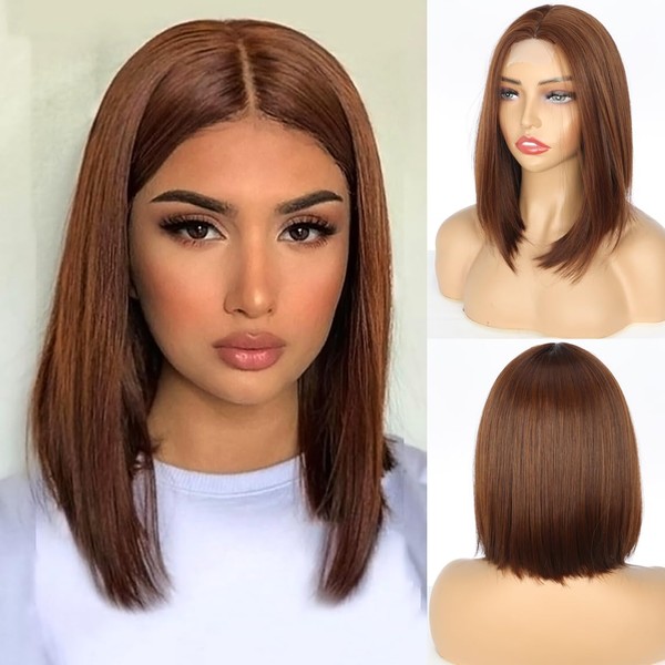 PORSMEER Auburn Brown Wig Short Straight Lace Hairline Front Wig Bob Wigs Middle Parting for Women Wear and Go Glueless Wig Natural Synthetic Hair for Daily / Fancy Dress