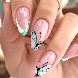 Butterfly Press on Nails Almond Medium Length Fake Nails French U-Shaped White Green Butterfly Acrylic Design Nails with Rhinestones Full Cover Glue on Nails for Women Girls 24Pcs/Set
