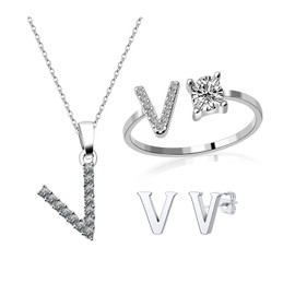 Loqimu - Juego de 3 anillos de joyería con inicial, colgante en mayúscula, arete, arete y accesorios para mujeres y niñas, Metal Acero aleado, Circonita cúbica