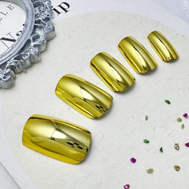 Chrome Press on Nails Medium Square Fake Nails Yellow False Nails with Designs Metallic Holographic Glue on Nails Full Cover Acrylic Artificial Nails Glossy Stick on Nail for Women Nail Manicure