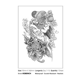 kobench Temporary Tattoos,Chrysanthemum Woman With A Mask - K163 Design,Waterproof,Easy-to-Apply,Long Lasting 1-2 Weeks, Plant-Based,Women Tattoos