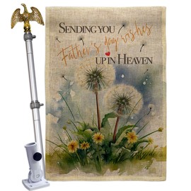 Angeleno Heritage Heavenly Fathers Day Flag Burlap Eagle Pole kit Cemetery Signs Memorial Home Dandelion Grave Decor for Dad in Heaven Gifts Papa Grandpa Floral Poster, Garden Remembrance Made in USA