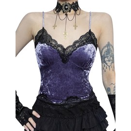 SEAUR Crop Top Women's Y2k Gothic Lace Tank Top Spaghetti Crop Top Cami/Halterneck V Neck Streetwear Club Party Emo Grunge Outfit, E-velvet-purple
